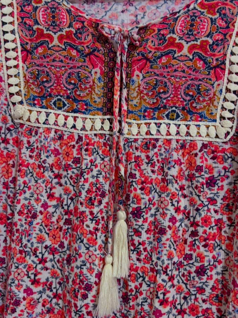 ONE WORLD Pink Floral Boho Tunic with Cream Tassel - Picture 2 of 5